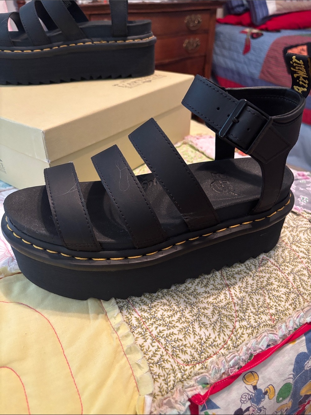 Dr. Martens Women Black Platform Strappy Sandals with Yellow Stitching-NWOT - Picture 7 of 10